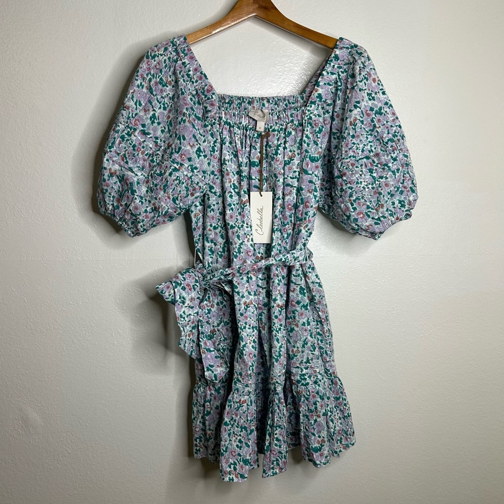 NWT Cleobella 100% Organic Cotton Floral Square Neck Tie Puff Sleeve Mini Dress